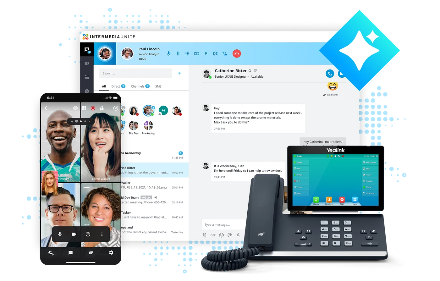 A cloud phone system running at the same time on a desktop computer, a mobile phone and a Yealink desk phone
