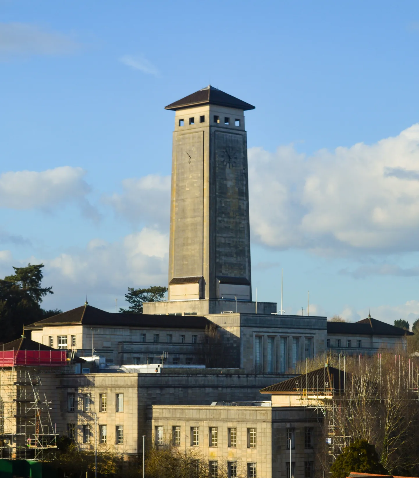 The clock tower rising above the rooftops in Newport